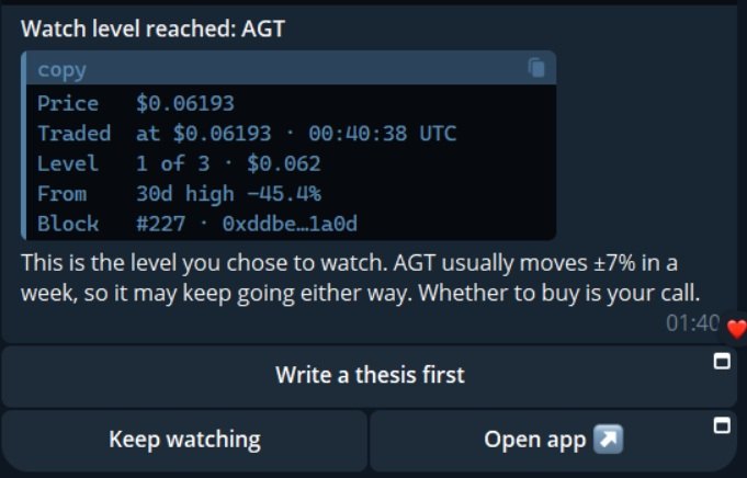 A Telegram alert: Watch level reached, AGT, as text: price, traded at, level 1 of 3, distance from the 30-day high and record number.